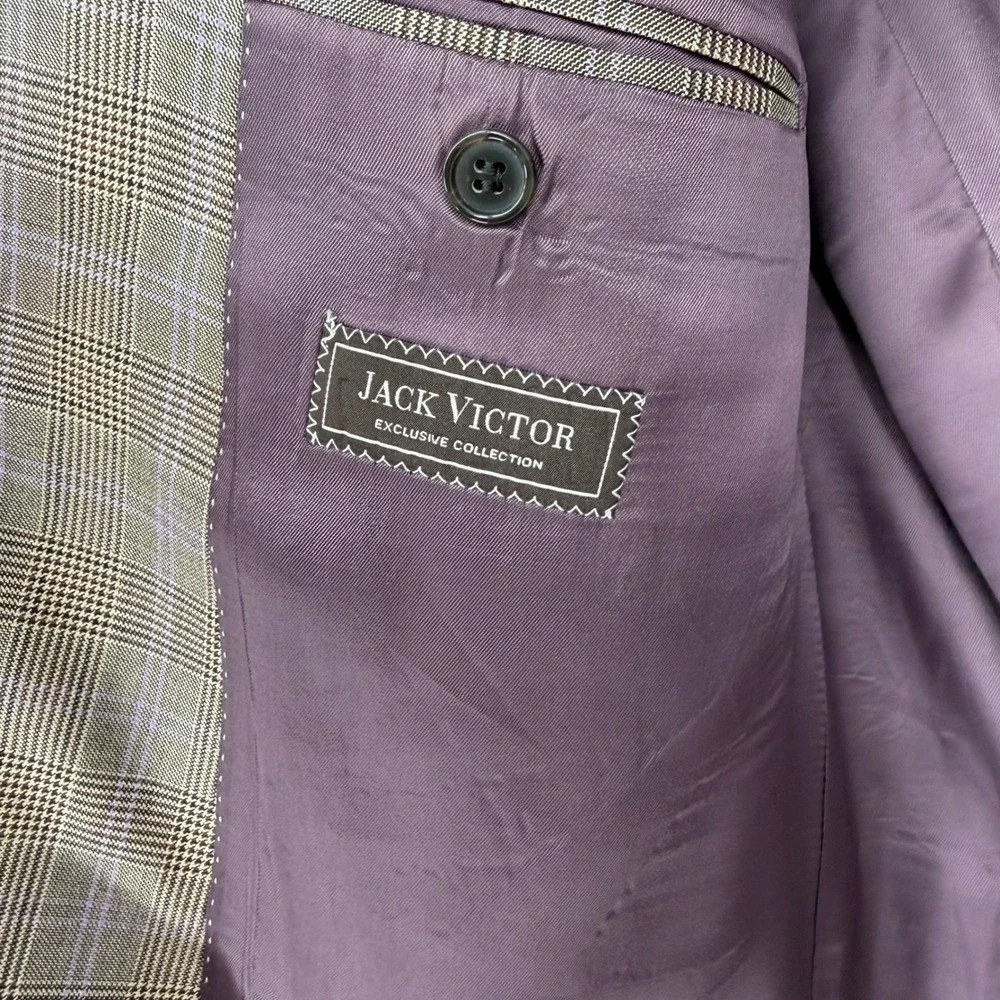 Jack‎ Victor 43R Wool Silk Blazer Brown Glen Plaid Sport Coat Luxury SPJ